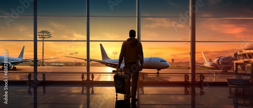 Man silhouette is watching to the plane from airport terminal