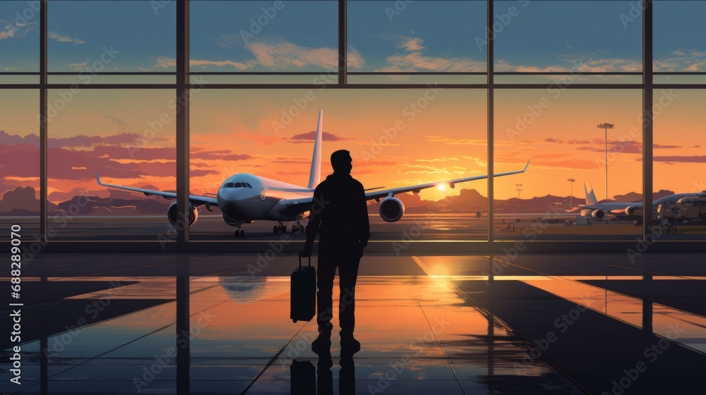 Man silhouette is watching to the plane from airport terminal Man silhouette is watching to the plane from airport terminal