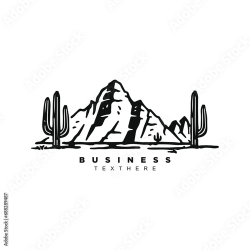 Landscape desert mountain with cactus vector badge isolated on white background