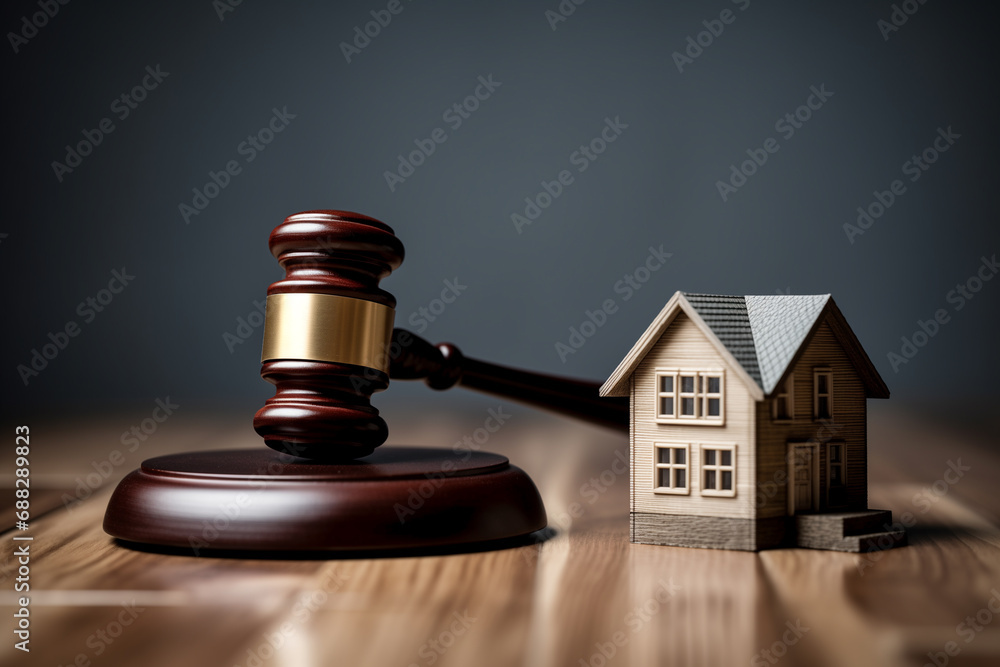Judge auction and real estate concept. Law hammer and house model Judge auction and real estate concept. Law hammer and house model