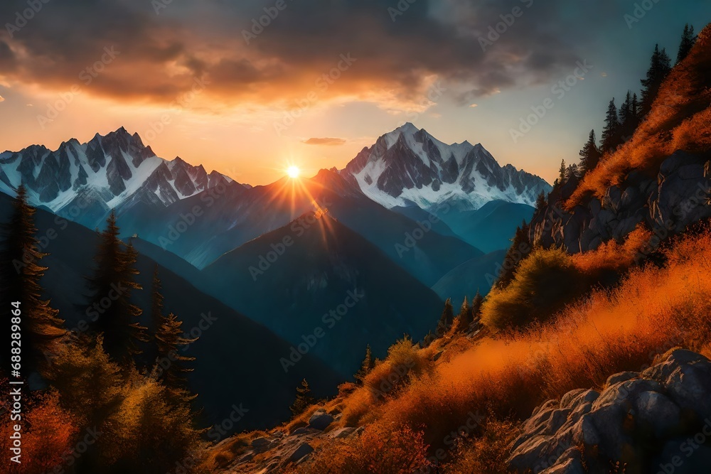 Mountains during sunset. Beautiful natural landscape in the summer time