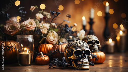 A hauntingly beautiful display of the season, featuring a carved pumpkin surrounded by flickering candles and adorned with delicate flowers, all set against a backdrop of a menacing skull, showcasing