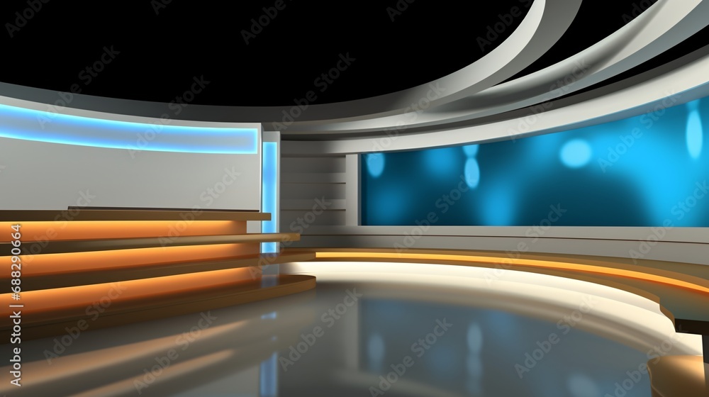 Tv Studio. Blue and yellow studio. Backdrop for TV shows .TV on wall. News studio. The perfect backdrop for any green screen or chroma key video or photo production. 3D rendering. Tv Studio. Blue and yellow studio. Backdrop for TV shows .TV on wall. News studio. The perfect backdrop for any green screen or chroma key video or photo production. 3D rendering.
