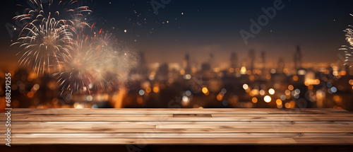 Empty wooden table with blurred background with a city with fireworks on New Year's Eve