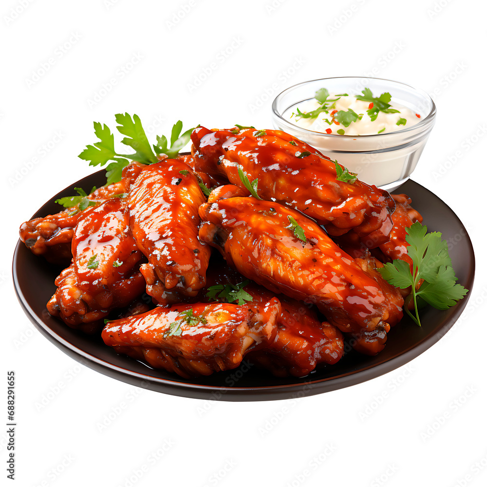 Plate with wings seasoned with spicy sauce and dressing on the side, with transparent background, PNG format