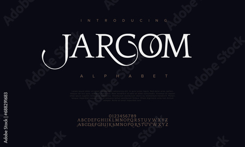 Jarcom premium luxury elegant alphabet letters and numbers. Elegant wedding typography classic serif font decorative vintage retro. Creative vector illustration photo