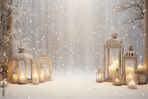 Flaming candles at snowy forest. Festive background with space for text or product. Christmas eve and New Year banner, poster, backdrop, card 