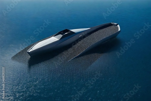 Drone boat hull covered with graphene grating, 3d model, realistic seascape photo