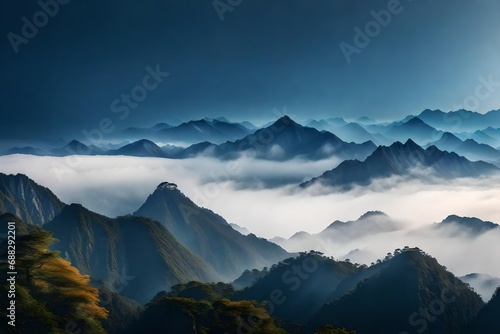 Background design, Hyperrealistic high fogy and cloudy ancestral luminus asian mountain range cute colo © Malik