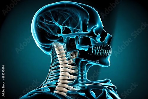 Human Skeleton Blue Chlorine Cervical Spine Lateral System Anatomy View, on black background photo