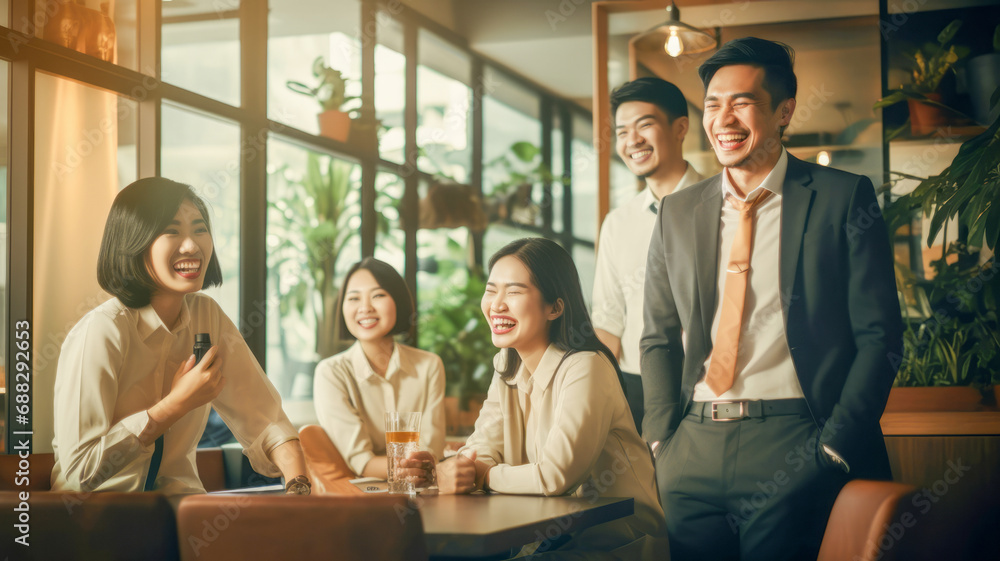 Group of Asian businesspeople meeting in the cafe background. Row of business persons partnership taking a photograph in the modern office. Group of Asian businesspeople meeting in the cafe background. Row of business persons partnership taking a photograph in the modern office.