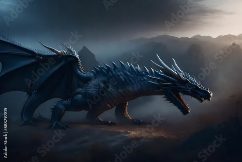 big realistic dragons dark dragons in a huge natural landscape, cinematic, mists, huge and scaly, octane rende photo