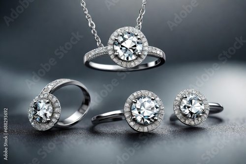 Superrealism jewelry set- ring, earrings and necklace with real looking diamonds, simple style. Diamonds set photo