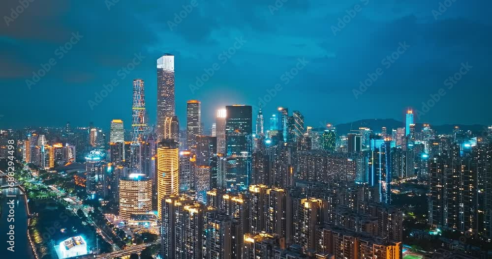 Aerial shot of city buildings skyline at night in Guangzhou, Guangdong Province, China Aerial shot of city buildings skyline at night in Guangzhou, Guangdong Province, China
