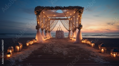 Beach wedding with a beautiful altar and flowers. Sea on background