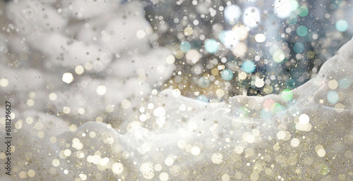 Christmas winter background with snowfall and falling snow in the mountains. Copy space for promotion. Abstract blurred snowflakes with lights. 3D render illustration.