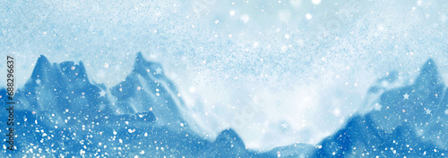 Christmas winter background with snowfall and falling snow in the mountains. Copy space for promotion. Abstract blurred snowflakes with lights. 3D render illustration. © iweta0077