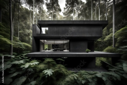 brutalist minimalist black concrete villa surrounded by forest with green plants on the rooftop with a cube style building 1 floor- photo