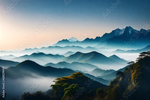 Background design, Hyperrealistic high fogy and cloudy ancestral luminus asian mountain range cute colo photo