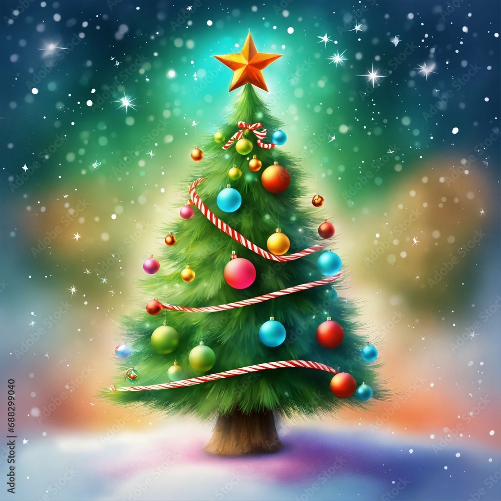 christmas tree with gifts air brush art of a digital illustration of a cute Christmas tree whimsical