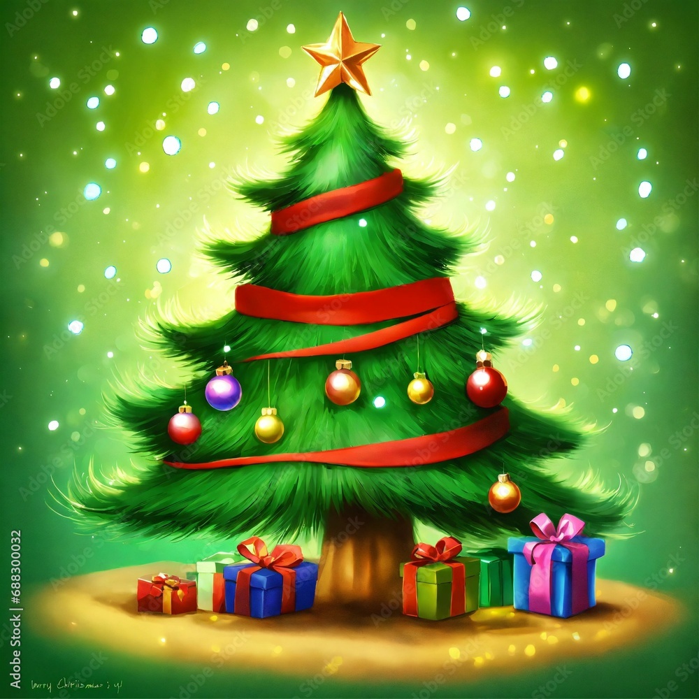 Naklejka premium christmas tree with gifts air brush art of a digital illustration of a cute Christmas tree whimsical
