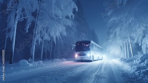 The tour bus in the winter snowstorm drives in the forest