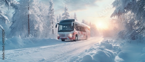 The tour bus in the winter snowstorm drives in the forest © David