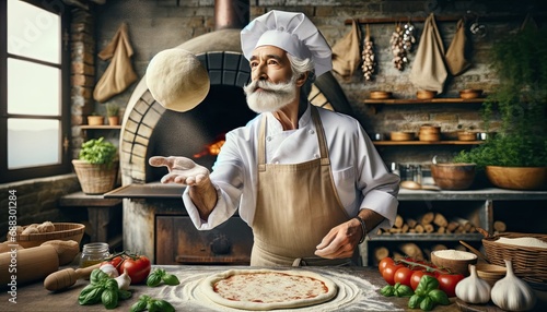 Chef tossing pizza dough in a brick oven kitchen