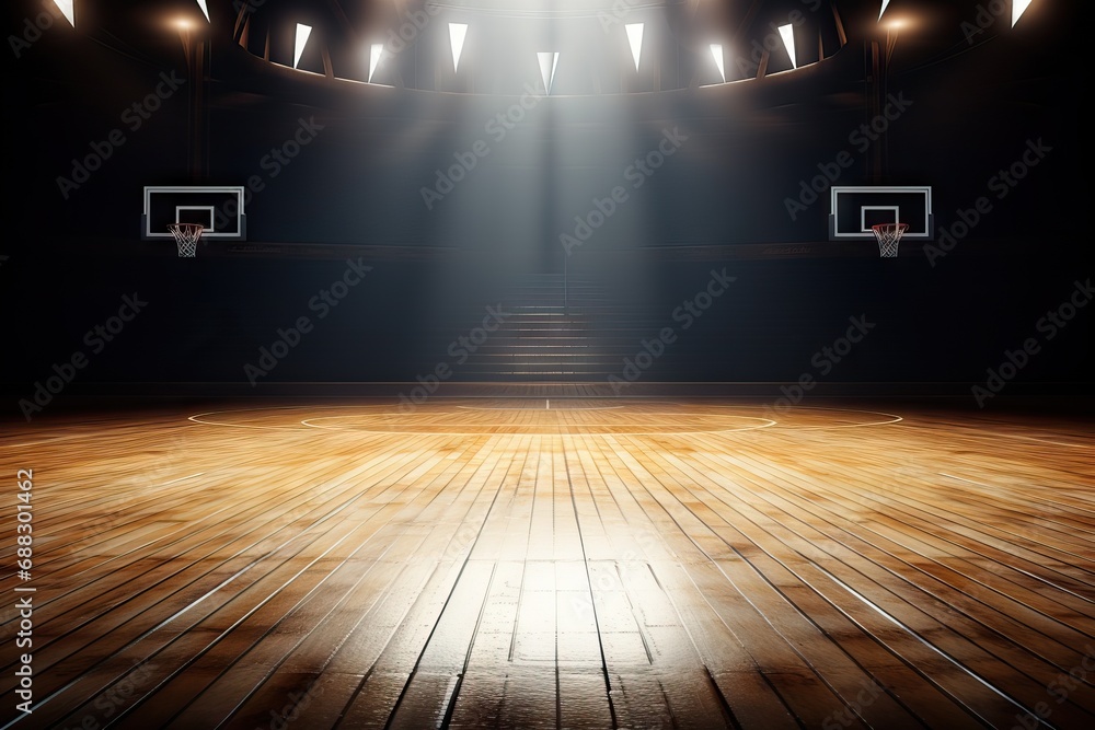 spotlights floor wooden court basketball view Close background dark spotlight light wood closeup sport hoop line basket indoor pattern stadium textured texture arena - obrazy, fototapety, plakaty 