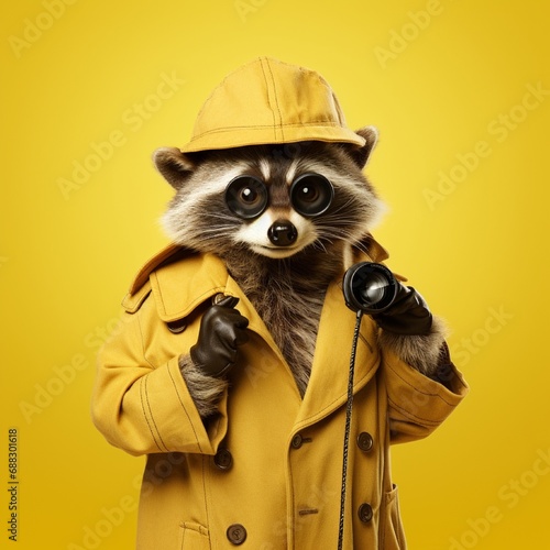 A chuckling raccoon wearing a detective's coat, magnifying glass in hand, and Sherlock Holmes hat, on a solid yellow background. © UMR