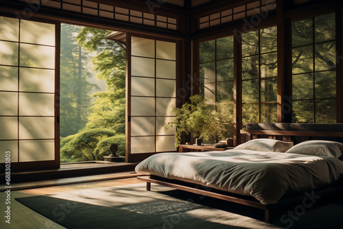 Traditional japanese villa elegant bedroom scene