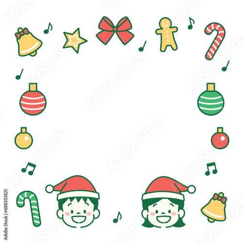 サンタの帽子を被った子どもとクリスマス飾りのイラストフレーム © moffzo