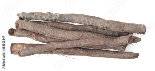 Raw salsify roots on white background, top view