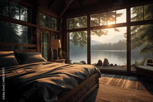 Fototapeta Naklejka Na Ścianę i Meble -  American lake cabin elegant bedroom scene