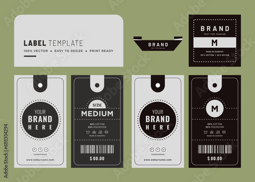 Hangtag label design hang tag and price tag apparel care label with barcode garments accessories packaging fabric fashion product.