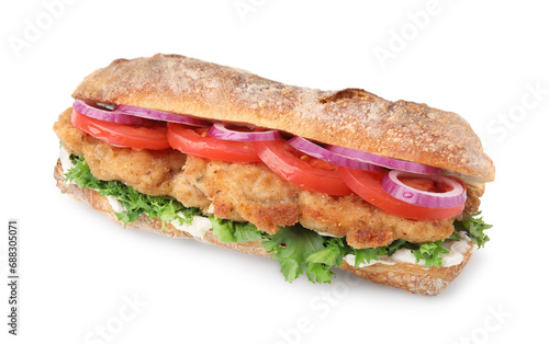Delicious sandwich with schnitzel isolated on white