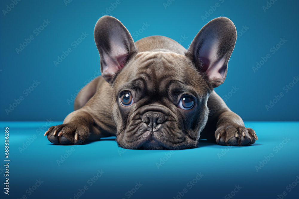 a puppy laying down on a blue surface