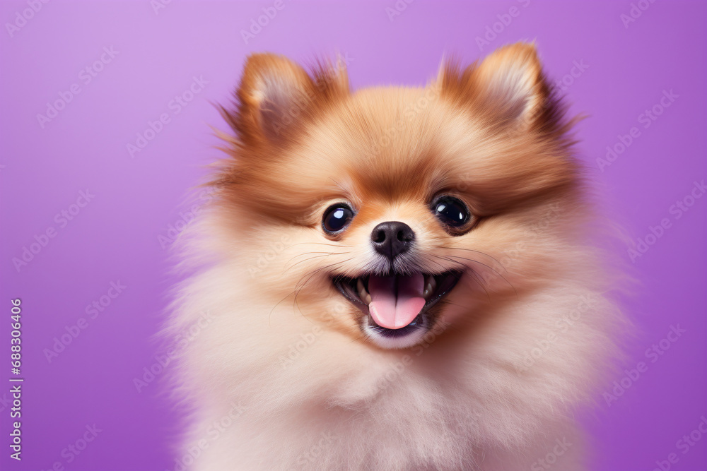 a small dog with a big smile on a purple background