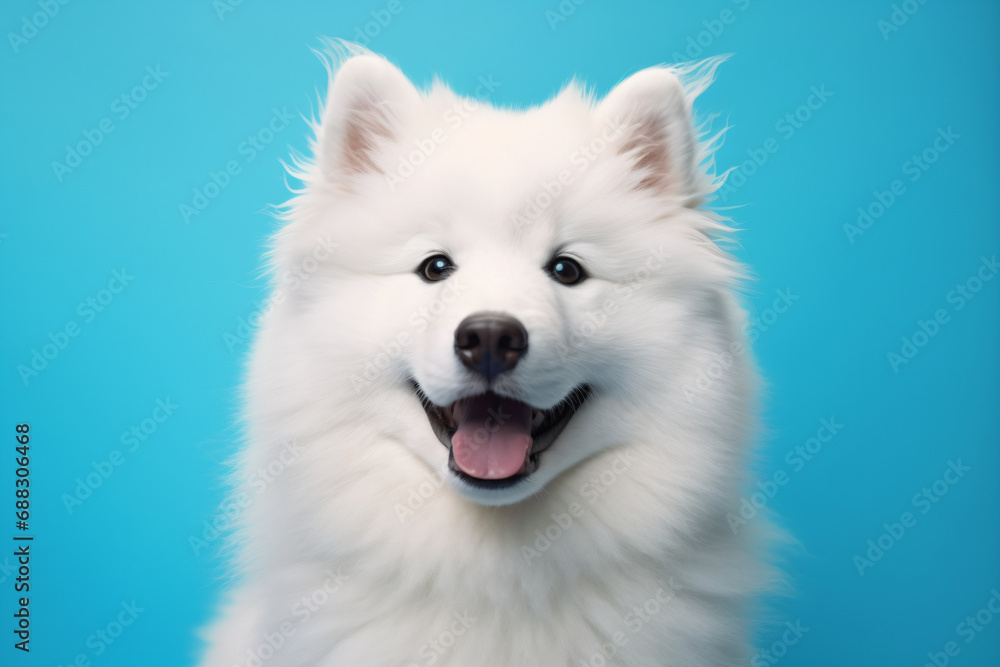 a white dog with a big smile on a blue background