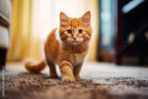a cat is walking on the carpet in a room