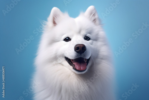a white dog with a big smile on a blue background © ngMinh