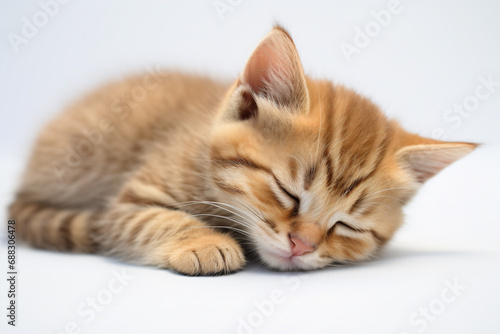 a small kitten sleeping on a white surface
