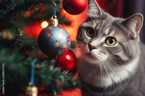 Cute cat looking at Christmas tree bauble. Concept of Christmas and New Year celebration season and pets.