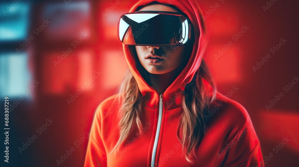 Curious Young woman using VR glasses Curious Young woman using VR glasses