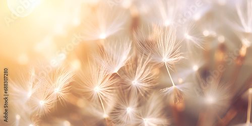 Abstract blurred nature background dandelion seeds parachute  A golden background with a dandelion blowing in the wind  dandelions with a golden background  generative AI  