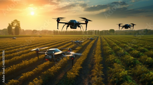 A smart agriculture setup, with drones and autonomous tractors working together to optimize crop yield on a vast, tech-driven farm.