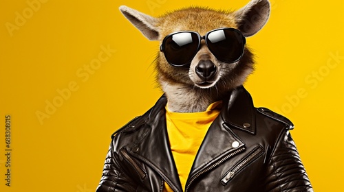 A smiling kangaroo dressed as a rockstar, wearing a leather jacket and sunglasses, against a yellow backdrop. © UMR