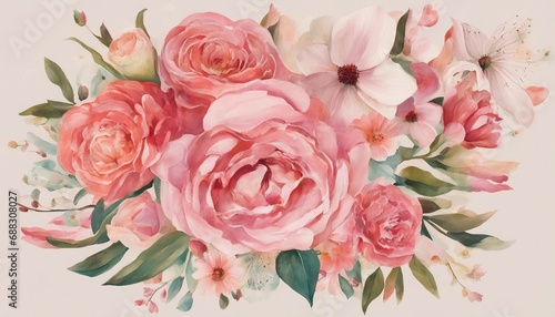 Vintage watercolor floral background with pink roses and green leaves. © Maule