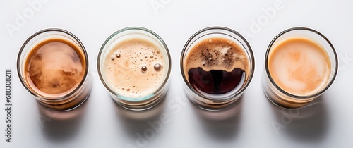 four different types of coffee are lined up in a row
