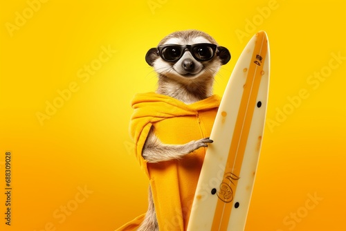 A whimsically attired meerkat dressed as a surfer, wearing board shorts, flip-flops, and holding a surfboard, ready for a wave on a solid yellow background. © UMR